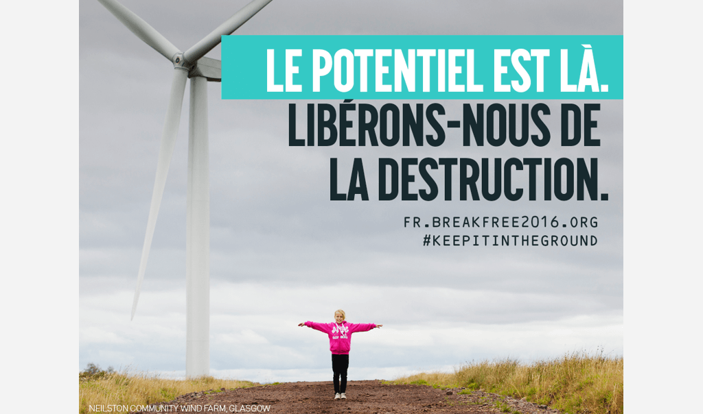 Affiche "Le potentiel est là. Libérons-nous de la destruction." avec une enfant à côté d'une éolienne