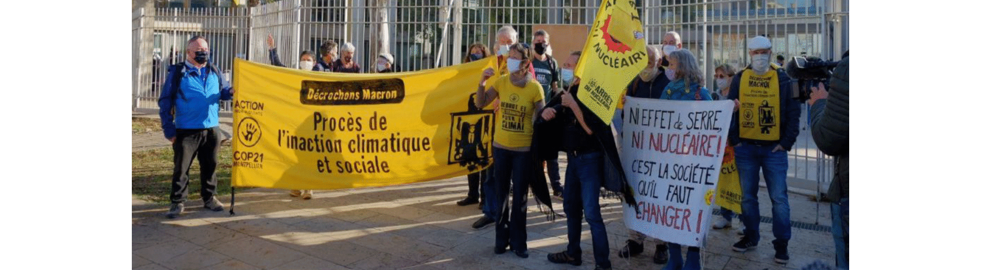 Rassemblement de soutien aux décrocheuses et décrocheurs de portraits d’ANV-COP21 et d’Arrêt du Nucléaire 34 en procès le 10 novembre 2020 à Montpellier : “Ni effet de serre, ni nucléaire !”