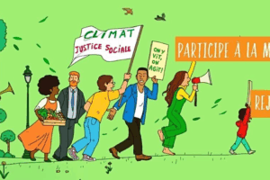 Bannière avec une illustration d'une foule qui avance pour agir dans sa commune