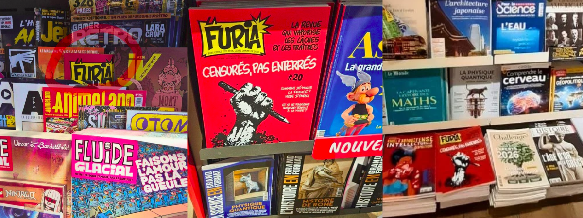 Trois photographies où le nouveau magazine La Furia est visible, prises dans des Relay différents (de gauche à droite : gare du Havre, Gare de l'Est (Paris) et Montparnasse (Paris))